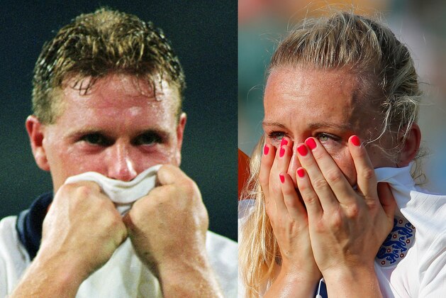 (FILE PHOTO - Image Numbers 1051094 (L) and 479168002) In this composite image a comparison has been made between Paul Gascoigne of England (L) a member of the 1990 World Cup England Squad and Laura Bassett of England a member of the 2015 World Cup England Squad, both teams went out in the semi final stages of the World Cup nearly 25 years apart. ***LEFT IMAGE*** Paul Gascoigne of England bursts into tears after losing the FIFA World Cup Finals 1990 Semi-Final match between West Germany and England played at the Stadio Delle Alpi, in Turin, Italy on July 4, 1990. The match ended in a 1-1 draw after extra-time, with West Germany winning 4-3 in the penalty shoot-out. (Photo by David Cannon/Getty Images) ***RIGHT IMAGE*** EDMONTON, AB - JULY 01: Laura Bassett of England is dejected after the FIFA Women's World Cup Semi Final match between Japan and England at the Commonwealth Stadium on July 1, 2015 in Edmonton, Canada. (Photo by Kevin C. Cox/Getty Images) (FILE PHOTO - Image Numbers 1051094 (L) and 479168002) In this composite image a comparison has been made between Paul Gascoigne of England (L) a member of the 1990 World Cup England Squad and Laura Bassett of England a member of the 2015 World Cup England Squad, both teams went out in the semi final stages of the World Cup nearly 25 years apart. ***LEFT IMAGE*** Paul Gascoigne of England bursts into tears after losing the FIFA World Cup Finals 1990 Semi-Final match between West Germany and England played at the Stadio Delle Alpi, in Turin, Italy on July 4, 1990. The match ended in a 1-1 draw after extra-time, with West Germany winning 4-3 in the penalty shoot-out. (Photo by David Cannon/Getty Images) ***RIGHT IMAGE*** EDMONTON, AB - JULY 01: Laura Bassett of England is dejected after the FIFA Women's World Cup Semi Final match between Japan and England at the Commonwealth Stadium on July 1, 2015 in Edmonton, Canada. (Photo by Kevin C. Cox/Getty Images)