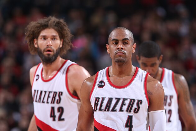 PORTLAND, OR - APRIL 1: Arron Afflalo #4 of the Portland Trail Blazers stands on the court during a game against the Los Angeles Clippers on April 1, 2015 at the Moda Center Arena in Portland, Oregon. NOTE TO USER: User expressly acknowledges and agrees that, by downloading and or using this photograph, user is consenting to the terms and conditions of the Getty Images License Agreement. Mandatory Copyright Notice: Copyright 2015 NBAE (Photo by Sam Forencich/NBAE via Getty Images)