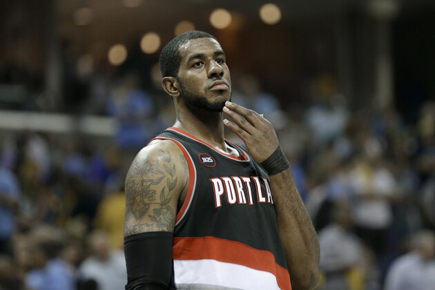 Portland Trail Blazers forward LaMarcus Aldridge waits for play to resume in the second half of Game 2 of an NBA basketball Western Conference playoff series against the Memphis Grizzlies Wednesday, April 22, 2015, in Memphis, Tenn. The Grizzlies won 97-82 and lead the series 2-0. (AP Photo/Mark Humphrey) Portland Trail Blazers forward LaMarcus Aldridge waits for play to resume in the second half of Game 2 of an NBA basketball Western Conference playoff series against the Memphis Grizzlies Wednesday, April 22, 2015, in Memphis, Tenn. The Grizzlies won 97-82 and lead the series 2-0. (AP Photo/Mark Humphrey)