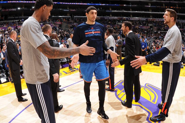 LOS ANGELES, CA - MARCH 1: Enes Kanter #34 of the Oklahoma City Thunder gets introduced before a game against the Los Angeles Lakers on March 1, 2015 at Staples Center in Los Angeles, California. NOTE TO USER: User expressly acknowledges and agrees that, by downloading and or using this Photograph, user is consenting to the terms and conditions of the Getty Images License Agreement. Mandatory Copyright Notice: Copyright 2015 NBAE (Photo by Andrew D. Bernstein/NBAE via Getty Images)