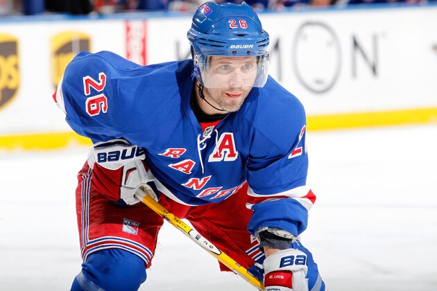 NEW YORK, NY - MARCH 15:  Martin St. Louis #26 of the New York Rangers looks on during face-off against the Florida Panthers at Madison Square Garden on March 15, 2015 in New York City. The New York Rangers won 2-1. (Photo by Rebecca Taylor/NHLI via Getty Images)