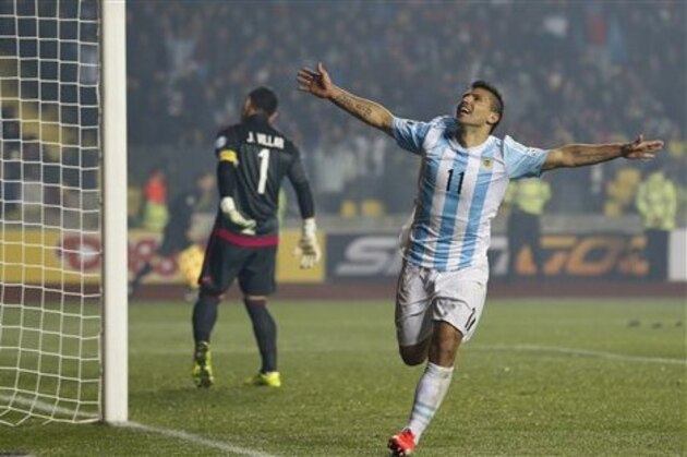 Argentina's Sergio Aguero  celebrates after scoring his team's fifth goal during a Copa America semifinal soccer match against Paraguay at the Ester Roa Rebolledo Stadium in Concepcion, Chile, Tuesday, June 30, 2015. (AP Photo/Silvia Izquierdo)