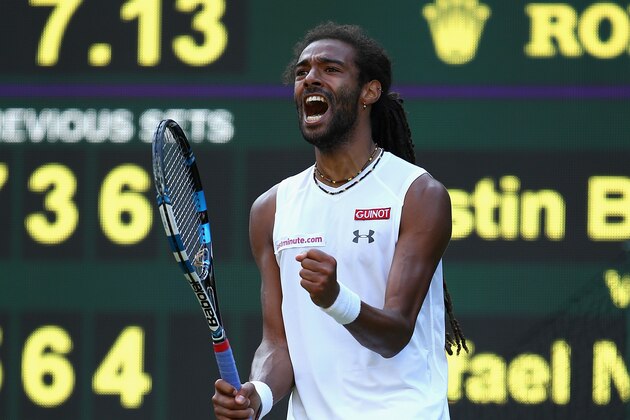 LONDON, ENGLAND - JULY 02:  Dustin Brown of Germany reacts in his Gentlemens Singles Second Round match against Rafael Nadal of Spain during day four of the Wimbledon Lawn Tennis Championships at the All England Lawn Tennis and Croquet Club on July 2, 2015 in London, England.  (Photo by Ian Walton/Getty Images)