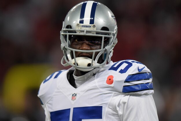 Nov 9, 2014; London, UNITED KINGDOM; Dallas Cowboys linebacker Rolando McClain (55) against the Jacksonville Jaguars in the NFL International Series game at Wembley Stadium. The Cowboys defeated the Jaguars 31-17.  Mandatory Credit: Kirby Lee-USA TODAY Sports