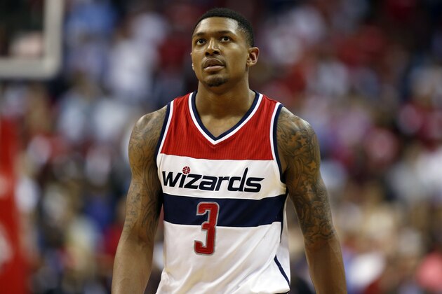 Washington Wizards guard Bradley Beal (3) walks on the court during a break in the second half of Game 4 of the second round of the NBA basketball playoffs against the Atlanta Hawks, Monday, May 11, 2015, in Washington. The Hawks won 106-101. (AP Photo/Alex Brandon)
