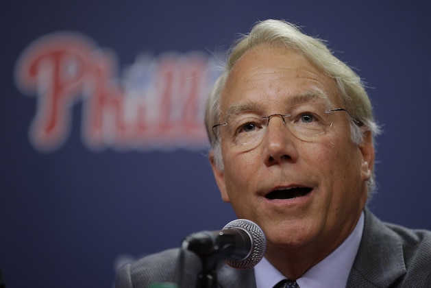 Veteran baseball executive Andy MacPhail speaks during a news conference before a baseball game between the Philadelphia Phillies and the Milwaukee Brewers, Monday, June 29, 2015, in Philadelphia. (AP Photo/Matt Slocum)