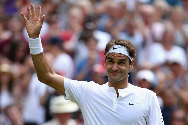 LONDON, ENGLAND - JULY 02:  Roger Federer of Switzerland celebrates winning his Gentlemens Singles Second Round match against Sam Querry of the United States during day four of the Wimbledon Lawn Tennis Championships at the All England Lawn Tennis and Croquet Club on July 2, 2015 in London, England.  (Photo by Ian Walton/Getty Images)