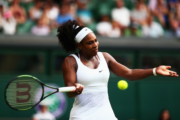 LONDON, ENGLAND - JULY 01:  Serena Williams of the United States plays a forehand in her Ladies Singles Second Round match against Timea Babos of Hungary during day three of the Wimbledon Lawn Tennis Championships at the All England Lawn Tennis and Croquet Club on July 1, 2015 in London, England.  (Photo by Clive Brunskill/Getty Images)