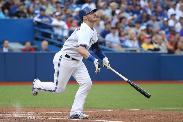 TORONTO, CANADA - JUNE 26: Josh Donaldson #20 of the Toronto Blue Jays hits an RBI bloop single in the second inning during MLB game action against the Texas Rangers on June 26, 2015 at Rogers Centre in Toronto, Ontario, Canada. (Photo by Tom Szczerbowski/Getty Images)