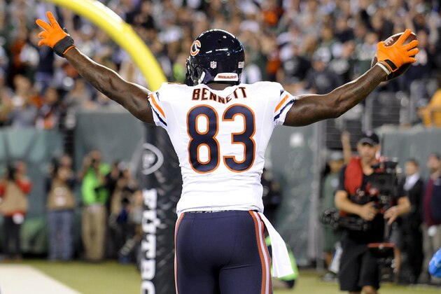 Martellus Bennett, tight end de los Bears de Chicago, festeja luego de anotar frente a los Jets de Nueva York, el lunes 22 de septiembre de 2014 en East Rutherford, Nueva Jersey (AP Foto/Bill Kostroun) Martellus Bennett, tight end de los Bears de Chicago, festeja luego de anotar frente a los Jets de Nueva York, el lunes 22 de septiembre de 2014 en East Rutherford, Nueva Jersey (AP Foto/Bill Kostroun)