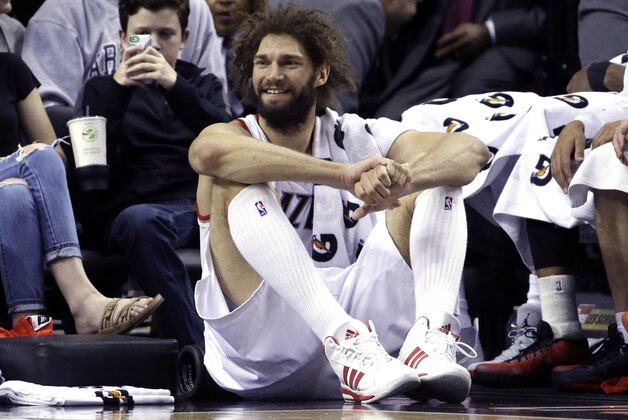 Portland Trail Blazers center Robin Lopez is shown during the second half of an NBA basketball game against the Minnesota Timberwolves in Portland, Ore., Wednesday, April 8, 2015.  (AP Photo/Don Ryan)