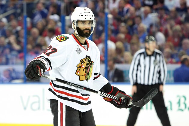 Jun 6, 2015; Tampa, FL, USA; Chicago Blackhawks defenseman Johnny Oduya (27) during the first period in game two of the 2015 Stanley Cup Final at Amalie Arena. Mandatory Credit: Kim Klement-USA TODAY Sports