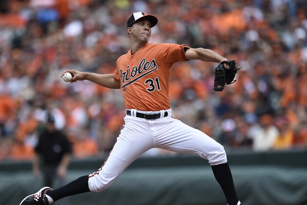 Baltimore Orioles starting pitcher Ubaldo Jimenez delivers against the Cleveland Indians in the first inning of a baseball game Sunday, June 28, 2015, in Baltimore. (AP Photo/Gail Burton)