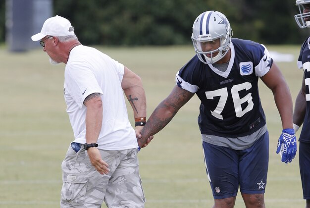 Jun 16, 2015; Irving, TX, USA; Dallas Cowboys defensive end Greg Hardy (76) works with hall of fame defensive tackle Randy White during minicamp at Dallas Cowboys Headquarters. Mandatory Credit: Matthew Emmons-USA TODAY Sports