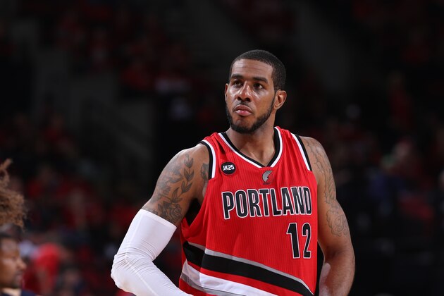 PORTLAND, OR - APRIL 25:  LaMarcus Aldridge #12 of the Portland Trail Blazers during the game against the Memphis Grizzlies in Game Three of the Western Conference Quarterfinals during the 2015 NBA Playoffs on April 25, 2015 at the Moda Center in Portland, Oregon. NOTE TO USER: User expressly acknowledges and agrees that, by downloading and or using this Photograph, user is consenting to the terms and conditions of the Getty Images License Agreement. Mandatory Copyright Notice: Copyright 2015 NBAE (Photo by Sam Forencich/NBAE via Getty Images)