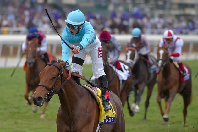 Irad Ortiz Jr. celebrates after riding Lady Eli to victory in the Breeders' Cup Juvenile Fillies Turf horse race at Santa Anita Park, Friday, Oct. 31, 2014, in Arcadia, Calif. (AP Photo/Jae C. Hong)