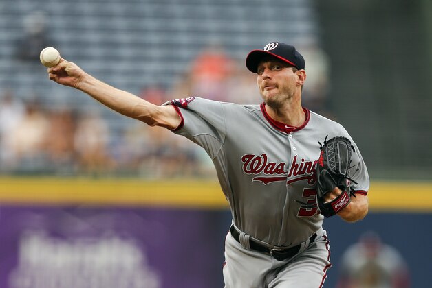 Washington Nationals starting pitcher Max Scherzer (31) works in the first inning of a baseball game against the Atlanta Braves  Thursday, July 2, 2015, in Atlanta.  (AP Photo/John Bazemore)