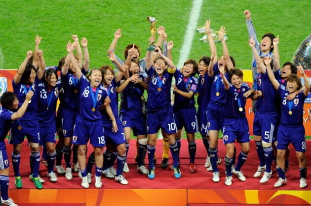 FRANKFURT AM MAIN, GERMANY - JULY 17:  Players of Japan celebrates after winning the FIFA Womens's World Cup Final between the United States of America and Japan at FIFA Word Cup stadium on July 17, 2011 in Frankfurt am Main, Germany.  (Photo by Thorsten Wagner/Getty Images)