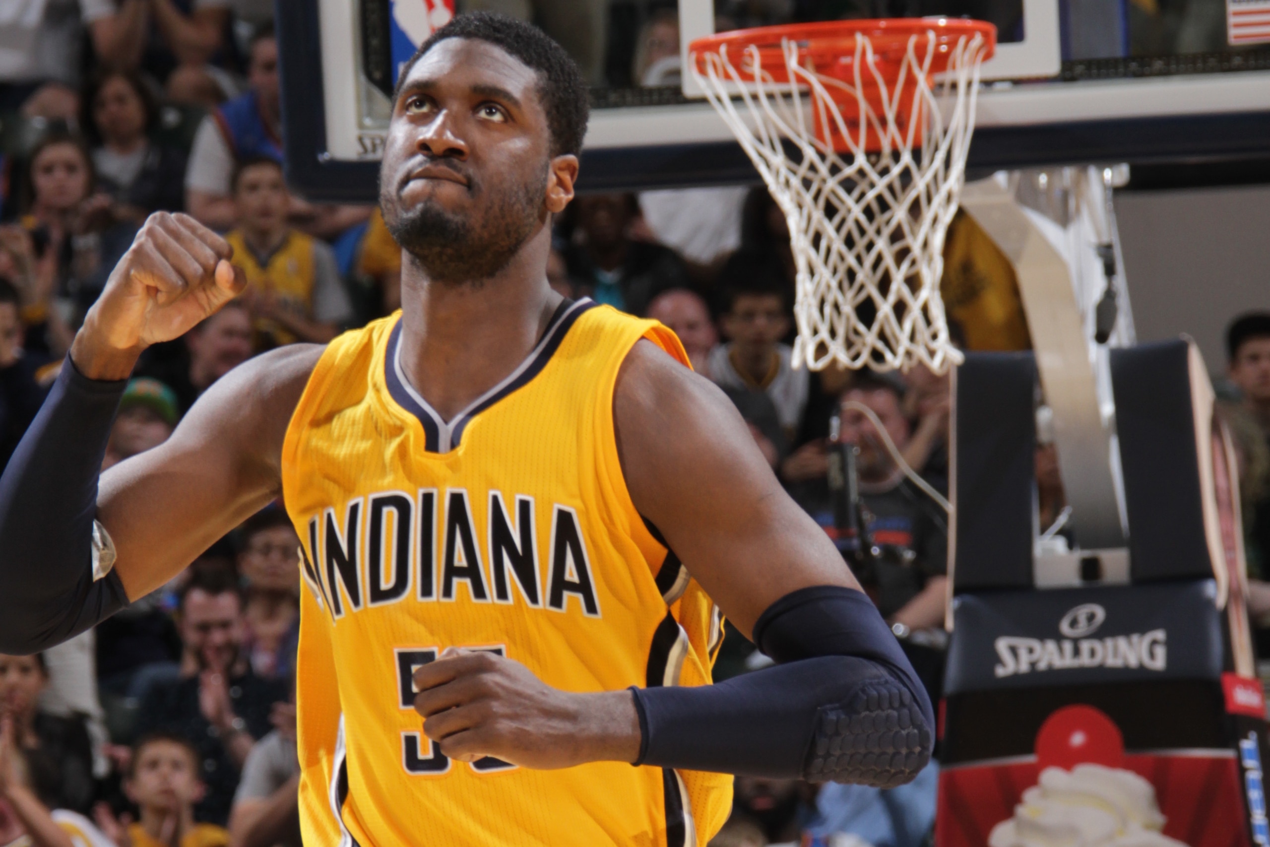 INDIANAPOLIS, IN - APRIL 12: Roy Hibbert #55 of the Indiana Pacers during the game against Oklahoma City Thunder on April 12, 2015 at Bankers Life Fieldhouse in Indianapolis, Indiana. NOTE TO USER: User expressly acknowledges and agrees that, by downloading and/or using this photograph, User is consenting to the terms and conditions of the Getty Images License Agreement. Mandatory Copyright Notice: Copyright 2015 NBAE (Photo by Ron Hoskins/NBAE via Getty Images) INDIANAPOLIS, IN - APRIL 12: Roy Hibbert #55 of the Indiana Pacers during the game against Oklahoma City Thunder on April 12, 2015 at Bankers Life Fieldhouse in Indianapolis, Indiana. NOTE TO USER: User expressly acknowledges and agrees that, by downloading and/or using this photograph, User is consenting to the terms and conditions of the Getty Images License Agreement. Mandatory Copyright Notice: Copyright 2015 NBAE (Photo by Ron Hoskins/NBAE via Getty Images)
