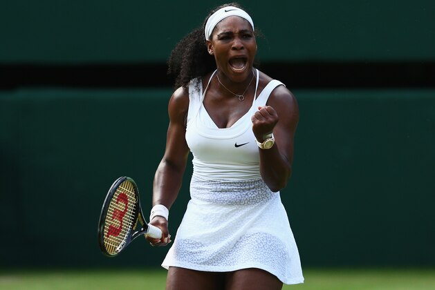 LONDON, ENGLAND - JULY 03:  Serena Williams of the United States celebrates a point in her LadiesÂ Singles Third Round match against Heather Watson of Great Britain during day five of the Wimbledon Lawn Tennis Championships at the All England Lawn Tennis and Croquet Club on July 3, 2015 in London, England.  (Photo by Clive Brunskill/Getty Images)