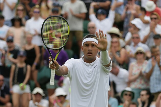 Nick Kyrgios of Australia celebrates winning against Milos Raonic of Canada, after their singles match at the All England Lawn Tennis Championships in Wimbledon, London, Friday July 3, 2015. Kyrgios won 5-7, 7-5, 7-6, 6-3. (AP Photo/Tim Ireland) Nick Kyrgios of Australia celebrates winning against Milos Raonic of Canada, after their singles match at the All England Lawn Tennis Championships in Wimbledon, London, Friday July 3, 2015. Kyrgios won 5-7, 7-5, 7-6, 6-3. (AP Photo/Tim Ireland)