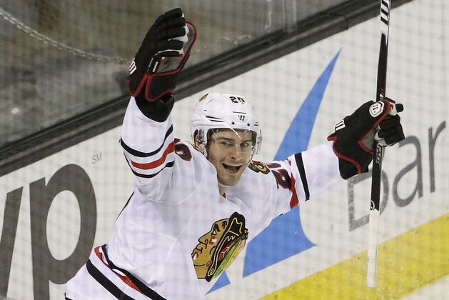 Chicago Blackhawks' Brandon Saad celebrates his goal against the San Jose Sharks during the third period of an NHL hockey game Saturday, March 14, 2015, in San Jose, Calif. (AP Photo/Marcio Jose Sanchez)