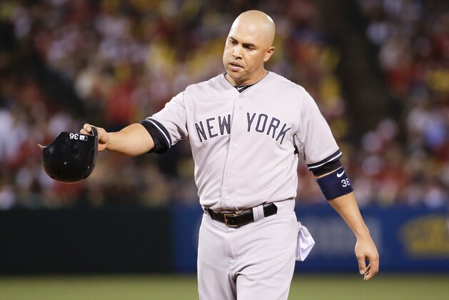 New York Yankees' Carlos Beltran plays against the Los Angeles Angels during a baseball game in Anaheim, Calif., Monday, June 29, 2015. (AP Photo/Chris Carlson)