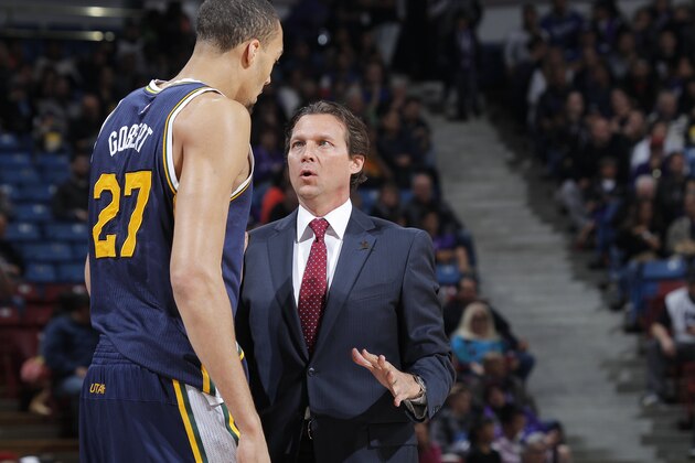 SACRAMENTO, CA - APRIL 5: Head Coach Quin Synder of the Utah Jazz coaches Rudy Gobert #27 against the Sacramento Kings on April 5, 2015 at Sleep Train Arena in Sacramento, California. NOTE TO USER: User expressly acknowledges and agrees that, by downloading and or using this photograph, User is consenting to the terms and conditions of the Getty Images Agreement. Mandatory Copyright Notice: Copyright 2015 NBAE (Photo by Rocky Widner/NBAE via Getty Images)
