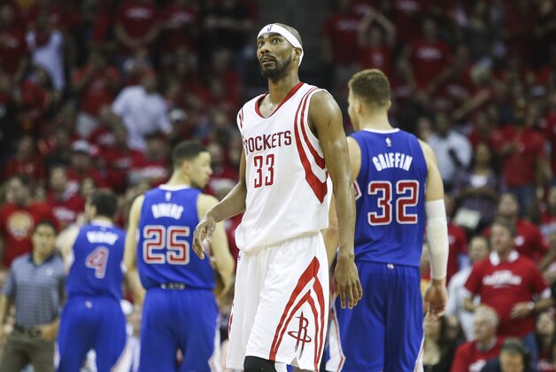 May 6, 2015; Houston, TX, USA; Houston Rockets guard Corey Brewer (33) reacts after a play during the third quarter against the Los Angeles Clippers in game two of the second round of the NBA Playoffs at Toyota Center. Mandatory Credit: Troy Taormina-USA TODAY Sports