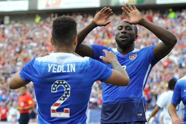 NASHVILLE, TN - JULY 03:  Jozy Altidore #17 of the United States congratulates teammate DeAndre Yedlin #2 after a USA goal during an international friendly soccer match between the U.S.A and Guatemala at Nissan Stadium on July 3, 2015 in Nashville, Tennessee.  (Photo by Frederick Breedon/Getty Images)