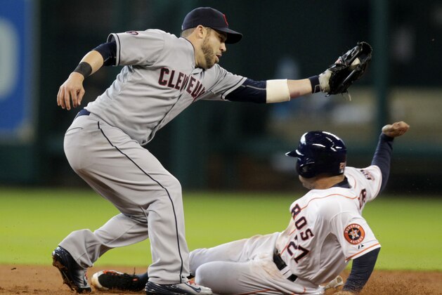 Houston Astros' Jose Altuve (27) slides past Cleveland Indians second baseman Jason Kipnis tag for a steal during the first inning of a baseball game, Thursday, April 9, 2015, in Houston. (AP Photo/Patric Schneider)