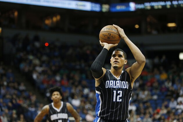 MINNEAPOLIS, MN - APRIL 3: Tobias Harris #12 of the Orlando Magic shoots against the Minnesota Timberwolves during the game on April 3, 2015 at American Airlines Center  in Minneapolis, Minnesota. NOTE TO USER: User expressly acknowledges and agrees that, by downloading and/or using this photograph, User is consenting to the terms and conditions of the Getty Images License Agreement. Mandatory Copyright Notice: Copyright 2015 NBAE (Photo by Jordan Johnson/NBAE via Getty Images)