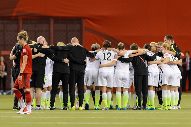 MONTREAL, QC - JUNE 30: Members of the United States huddle after defeating Germany during the 2015 FIFA Women's World Cup semi final match at Olympic Stadium on June 30, 2015 in Montreal, Quebec, Canada. The United States defeated Germany 2-0 and move to the final round. (Photo by Minas Panagiotakis/Getty Images)