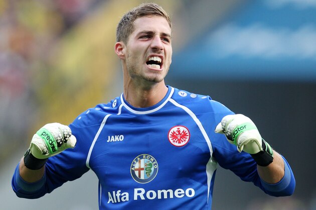 Frankfurt goalkeeper Kevin Trapp is seen during a German  Bundesliga soccer match between Eintracht Frankfurt and Borussia Dortmund in Frankfurt, Germany, Sunday, Sept.1, 2013. (AP Photo/Michael Probst)