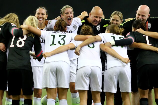 MONTREAL, QC - JUNE 30:  Abby Wambach #20 of the United States celebrates after the USA 2-0 victory against Germany in the FIFA Women's World Cup 2015 Semi-Final Match at Olympic Stadium on June 30, 2015 in Montreal, Canada.  (Photo by Elsa/Getty Images)