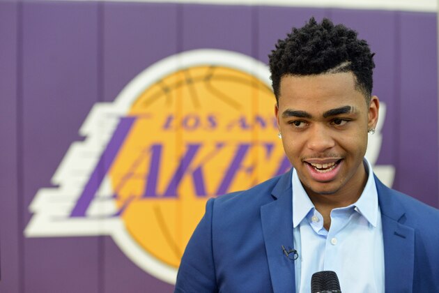 EL SEGUNDO, CA - JUNE 29:  D'Angelo Russell #1 of the Los Angeles Lakers attends a press conference introducing draft picks at Toyota Sports Center on June 29, 2015 in El Segundo California.  NOTE TO USER: User expressly acknowledges and agrees that, by downloading and or using this photograph, User is consenting to the terms and conditions of the Getty Images License Agreement. Mandatory Copyright Notice: Copyright 2015 NBAE  (Photo by Andrew D. Bernstein/NBAE via Getty Images)