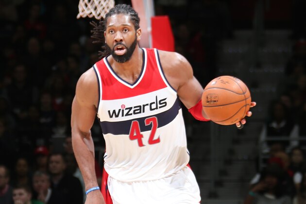 WASHINGTON, DC - DECEMBER 27: Nene Hilario #42 of the Washington Wizards drives up the court against the Boston Celtics during the game on December 27, 2014 at Verizon Center in Washington, District of Columbia. NOTE TO USER: User expressly acknowledges and agrees that, by downloading and or using this Photograph, user is consenting to the terms and conditions of the Getty Images License Agreement. Mandatory Copyright Notice: Copyright 2014 NBAE (Photo by Ned Dishman/NBAE via Getty Images)