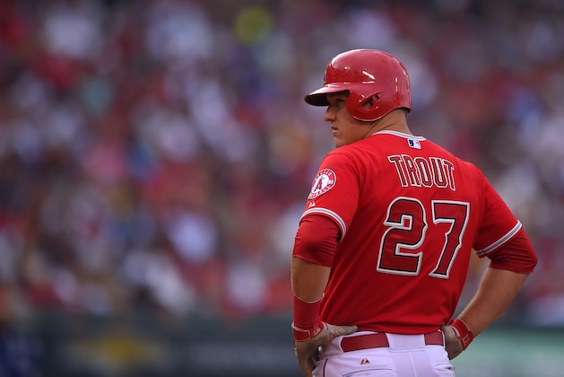 Los Angeles Angels' Mike Trout stands on first during a baseball game against the New York Yankees, Wednesday, July 1, 2015, in Anaheim, Calif. (AP Photo/Mark J. Terrill)