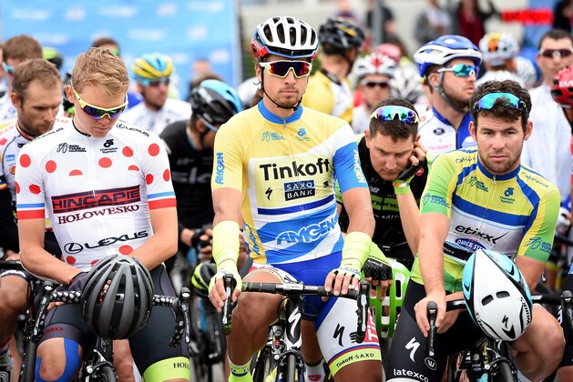 ONTARIO, CA - MAY 16: (L-R) Toms Skujins of Latvia riding for Hincapie Racing Team, Peter Sagan of Slovakia riding for Tinkoff - Saxo and Mark Cavendish of Great Britain riding for Etixx - Quickstep line for the start of stage seven of the 2015 Amgen Tour of California on May 16, 2015 Ontario, California. (Photo by Harry How/Getty Images) ONTARIO, CA - MAY 16: (L-R) Toms Skujins of Latvia riding for Hincapie Racing Team, Peter Sagan of Slovakia riding for Tinkoff - Saxo and Mark Cavendish of Great Britain riding for Etixx - Quickstep line for the start of stage seven of the 2015 Amgen Tour of California on May 16, 2015 Ontario, California. (Photo by Harry How/Getty Images)