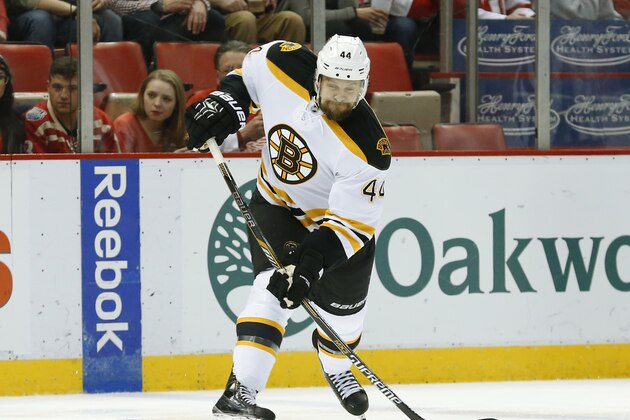 Boston Bruins defenseman Dennis Seidenberg (44) shoots against the Detroit Red Wings in the first period of an NHL hockey game in Detroit Thursday, April 2, 2015. (AP Photo/Paul Sancya) Boston Bruins defenseman Dennis Seidenberg (44) shoots against the Detroit Red Wings in the first period of an NHL hockey game in Detroit Thursday, April 2, 2015. (AP Photo/Paul Sancya)