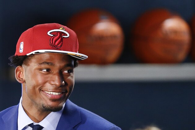 FILE - In this june 25, 2015, file photo, Justise Winslow waits to be interviewed after being selected 10th overall by the Miami Heat during the NBA basketball draft in New York. Summer leagues begin this weekend in Orlando, Florida, games in Salt Lake City set to tip-off on Monday and the 24-team fan-friendly event in Las Vegas opening on July 10. (AP Photo/Kathy Willens, File)