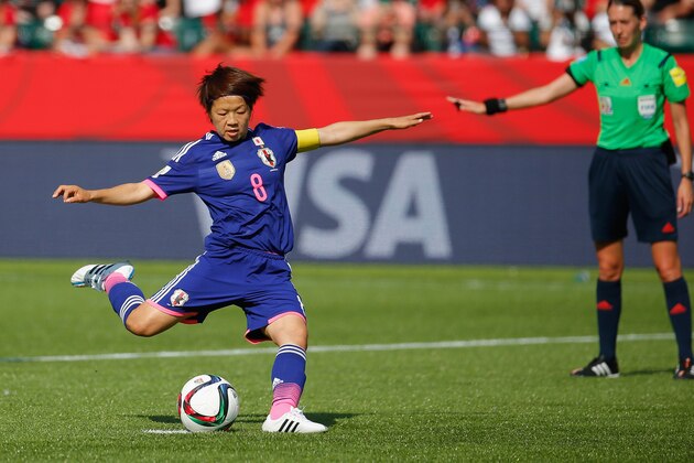 EDMONTON, AB - JULY 01:  Aya Miyama of Japan scores a penalty to make it 1-0 during the FIFA Women's World Cup Semi Final match between Japan and England at the Commonwealth Stadium on July 1, 2015 in Edmonton, Canada.  (Photo by Kevin C. Cox/Getty Images)