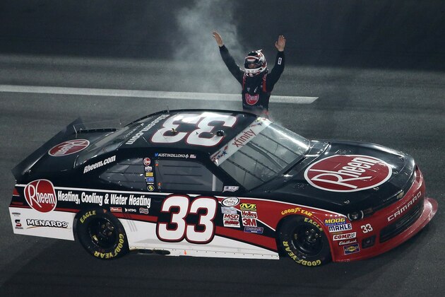 DAYTONA BEACH, FL - JULY 04:  Austin Dillon, driver of the #33 Rheem Chevrolet, celebrates after winning the NASCAR XFINITY Series Subway Firecracker 250 Powered By Coca-Cola at Daytona International Speedway on July 4, 2015 in Daytona Beach, Florida.  (Photo by Chris Graythen/Getty Images)