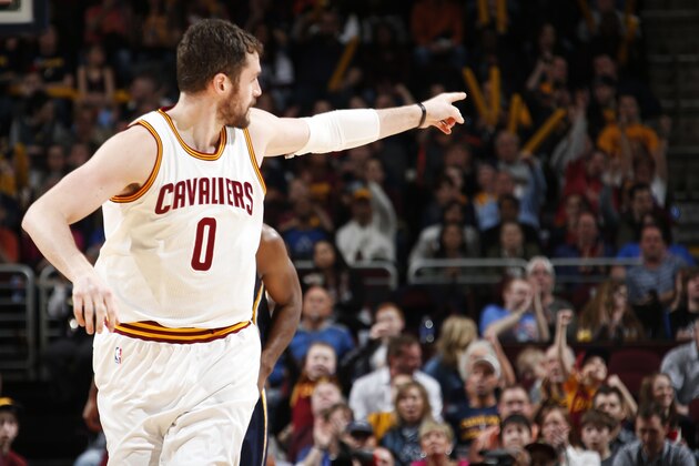CLEVELAND, OH - MARCH 20: Kevin Love #0 of the Cleveland Cavaliers during the game against the Indiana Pacers at The Quicken Loans Arena on March 20, 2015 in Cleveland, Ohio. NOTE TO USER: User expressly acknowledges and agrees that, by downloading and/or using this Photograph, user is consenting to the terms and conditions of the Getty Images License Agreement. Mandatory Copyright Notice: Copyright 2015 NBAE (Photo by Gregory Shamus/NBAE via Getty Images)