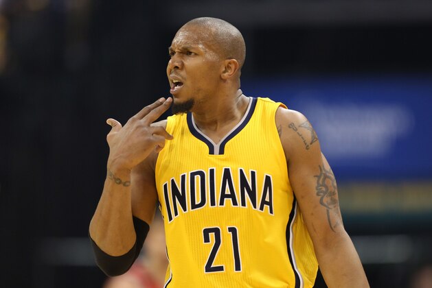 Mar 23, 2015; Indianapolis, IN, USA; Indiana Pacers forward David West (21) reacts to a foul call during a game against the Houston Rockets at Bankers Life Fieldhouse. Mandatory Credit: Brian Spurlock-USA TODAY Sports