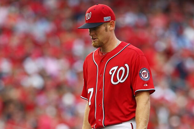 WASHINGTON, DC - OCTOBER 03:  Stephen Strasburg #37 of the Washington Nationals leaves the game in the sixth inning against the San Francisco Giants during Game One of the National League Division Series at Nationals Park on October 3, 2014 in Washington, DC.  (Photo by Elsa/Getty Images)