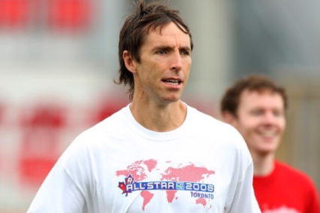 TORONTO - JULY 24:  NBA basketball player Steve Nash plays soccer with members of the media during the MLS All Star Media Game at BMO Field on July 24, 2008 in Toronto, Canada.  (Photo by Claus Andersen/Getty Images)