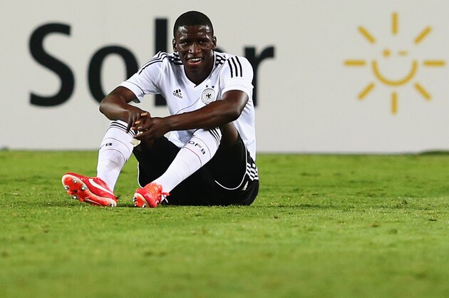 NETANYA, ISRAEL - JUNE 09: Antonio Ruediger of Germany reacts after the UEFA European U21 Champiosnship Group B match between Germany and Spain at Netanya Stadium on June 9, 2013 in Netanya, Israel.  (Photo by Alex Grimm/Getty Images)