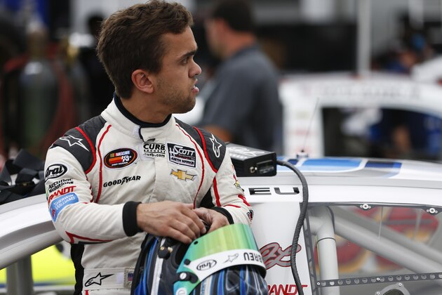 NEWTON, IOWA - MAY 16:  Rico Abreu, driver of the #98 AccuDoc Solutions/Go-Pro Motorplex/Curb Records Chevrolet stands in the garage area during practice for the NASCAR K&N Pro Series Casey's General Store 150 at Iowa Speedway on May 16, 2015 in Newton, Iowa.  (Photo by Jeff Zelevansky/Getty Images)