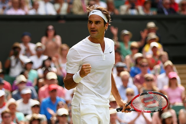LONDON, ENGLAND - JULY 02:  Roger Federer of Switzerland reacts during his Gentlemens Singles Second Round match against Sam Querry of the United States during day four of the Wimbledon Lawn Tennis Championships at the All England Lawn Tennis and Croquet Club on July 2, 2015 in London, England.  (Photo by Ian Walton/Getty Images)